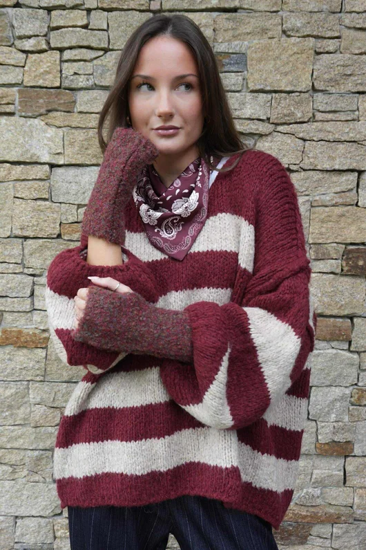 Boucle Fingerless Gloves Burgundy Melange 